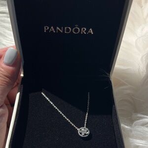 Pandora Silver Circle Pendant Necklace with Clear Stones